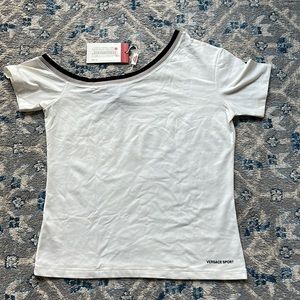 Versace Sport Poly Stretch Top in Cream with Black and Light Brown collar